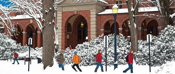 Winter scene of the Women's Building on campus. People walking in snow. Red brick building with snow on the roof.
