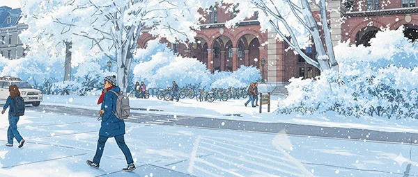Illustration of a snowy college campus scene with students walking near a brick building and bicycles.