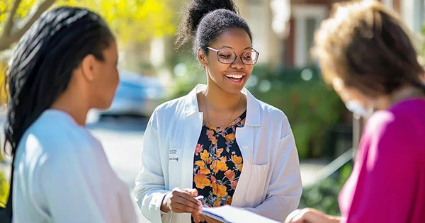 Three people having an outdoor conversation, with a person in a white coat and floral shirt smiling.