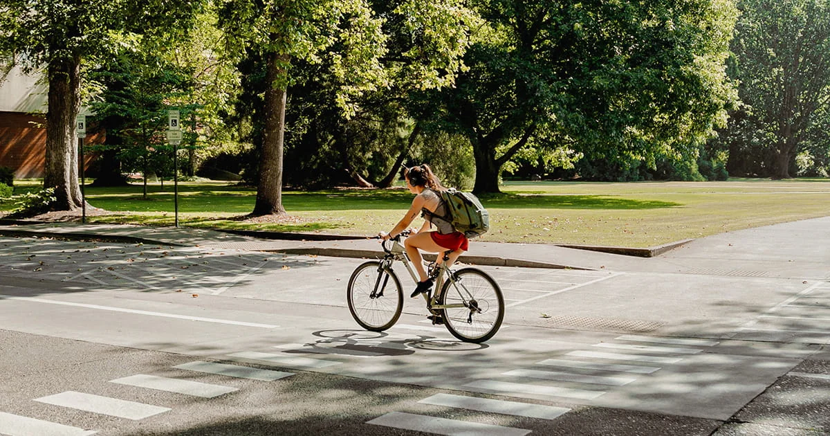 Person with a backpack riding a bicycle across a crosswalk on a sunny day, with trees and a lawn in the background.