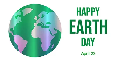 Green and purple stylized globe illustration next to text reading Happy Earth Day April 22.