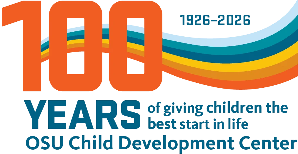 Centennial celebration logo for the OSU Child Development Center: 100 years (1926-2026) of giving children the best start in life.