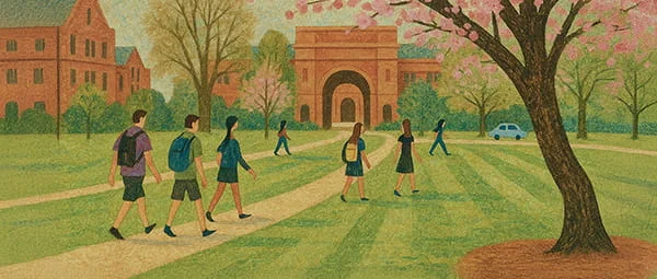 A peaceful university quad during spring, showing students heading toward classes past historic brick architecture and flowering trees.