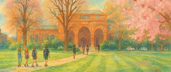 Watercolor scene of student life on a university campus, showing learners walking toward a grand hall amidst pink blossoms and colorful seasonal foliage.
