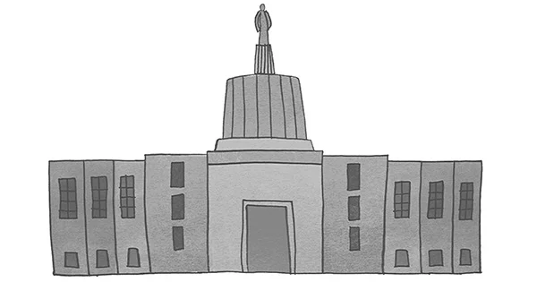Artistic representation of the Oregon State Capitol building with its unique Art Deco dome and Pioneer statue in a simple sketch style.