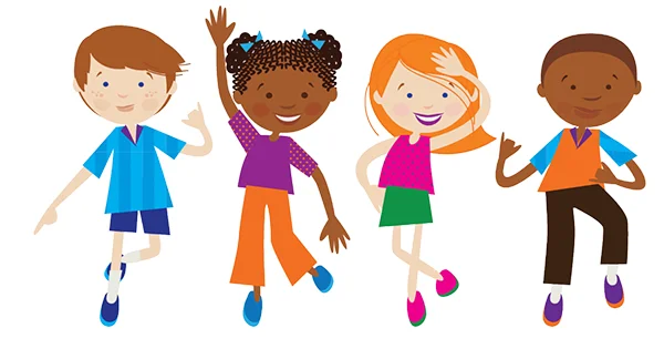 A diverse group of four cartoon children waving and posing, illustrating friendship and inclusion.