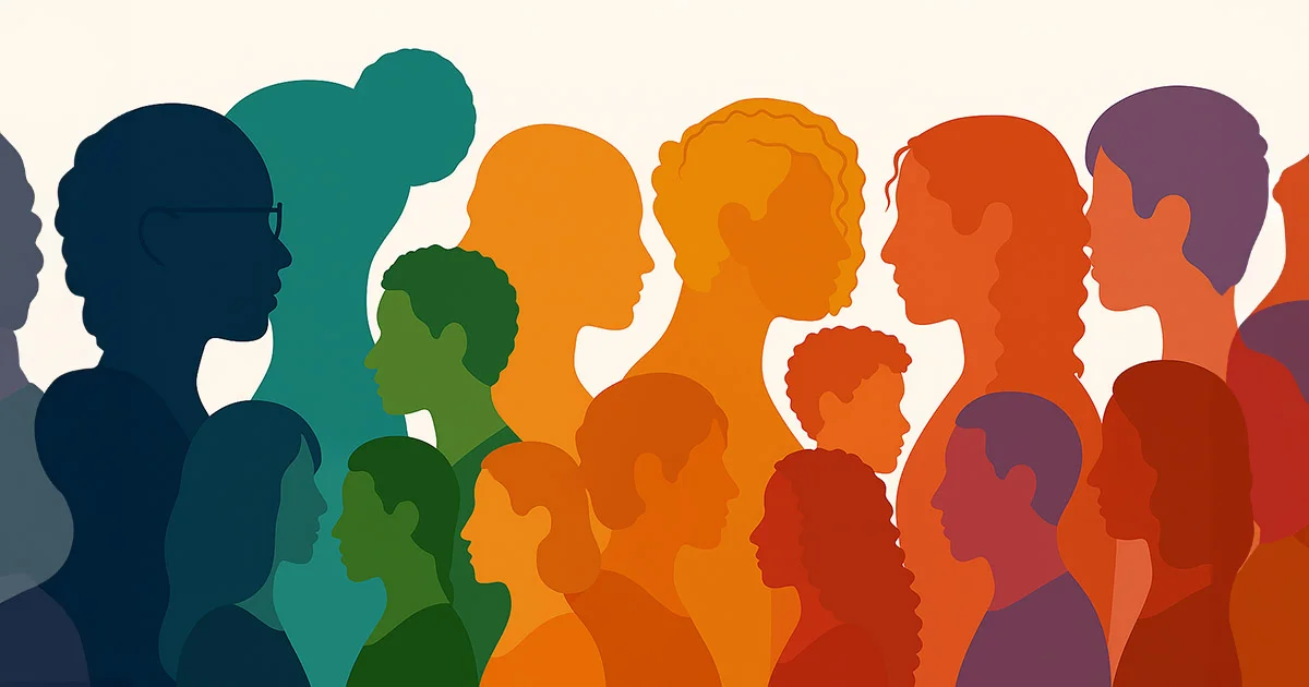 Silhouettes of diverse individuals in various colors, representing different people in a group or community.