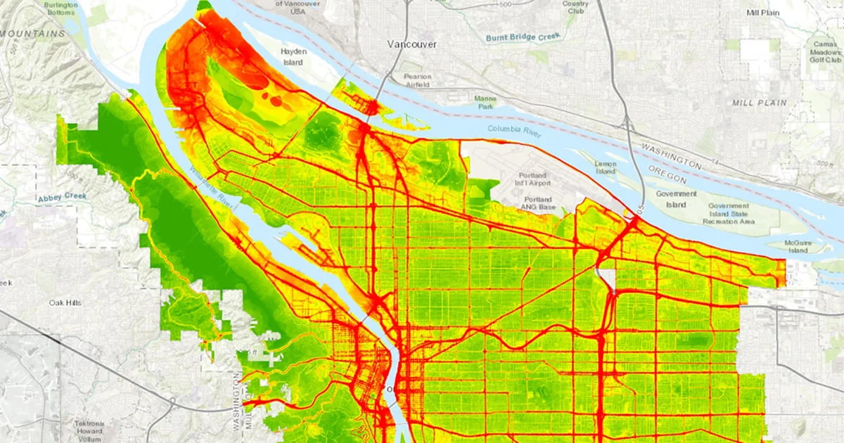 Geographical map of Portland and Vancouver overlaid with a heatmap illustrating noise pollution, showing highest levels (red) concentrated around major roadways and urban centers.