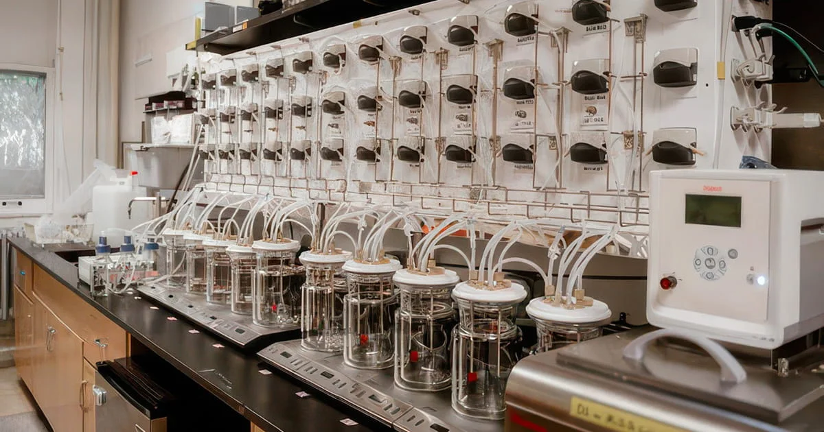 Controlled laboratory environment featuring an array of sealed glass bioreactors or beakers on a counter, connected to a sophisticated peristaltic pump system for precise fluid delivery.