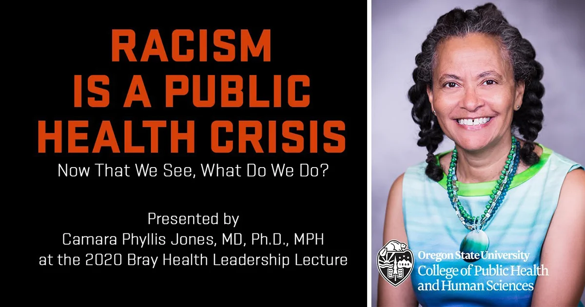Promotional image for the 2020 Bray Health Leadership Lecture with Dr. Camara Phyllis Jones discussing racism and public health.