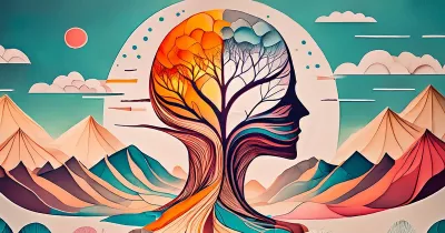  Colorful abstract illustration of a tree-like figure against a mountain landscape.