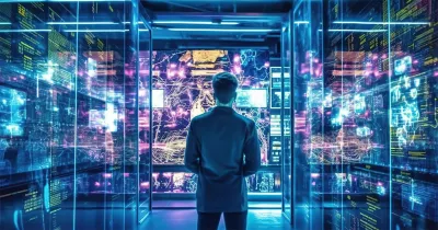 A person standing in a futuristic, neon-lit room surrounded by digital displays and screens.