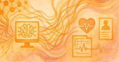 Abstract illustration of digital health technology with computer, brain, heart rate, and medical icons in orange and yellow tones.