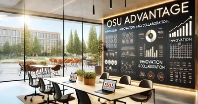 A modern, sunlit conference room with a large chalkboard wall displaying "OSU Advantage: Innovation and Collaboration.